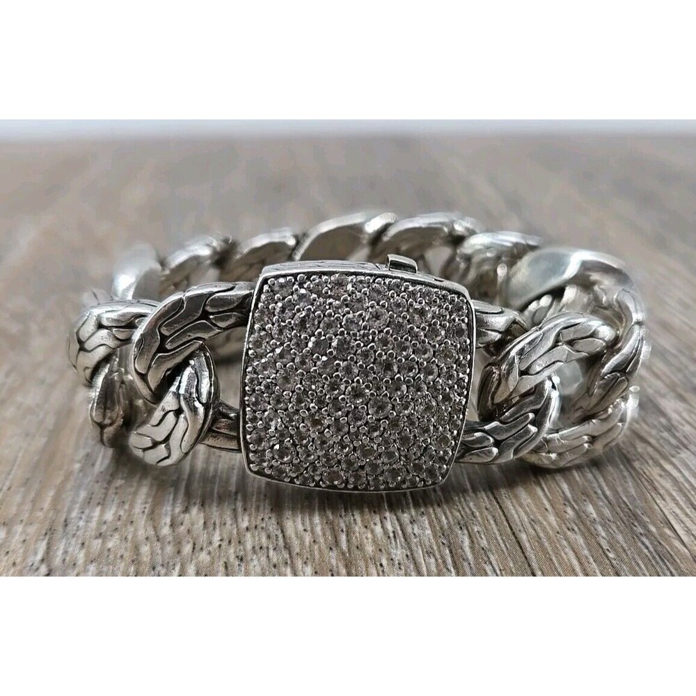 JOHN HARDY Sterling Silver Wide Curb Pave Topaz Lava Fire Link Batu Bracelet 7"